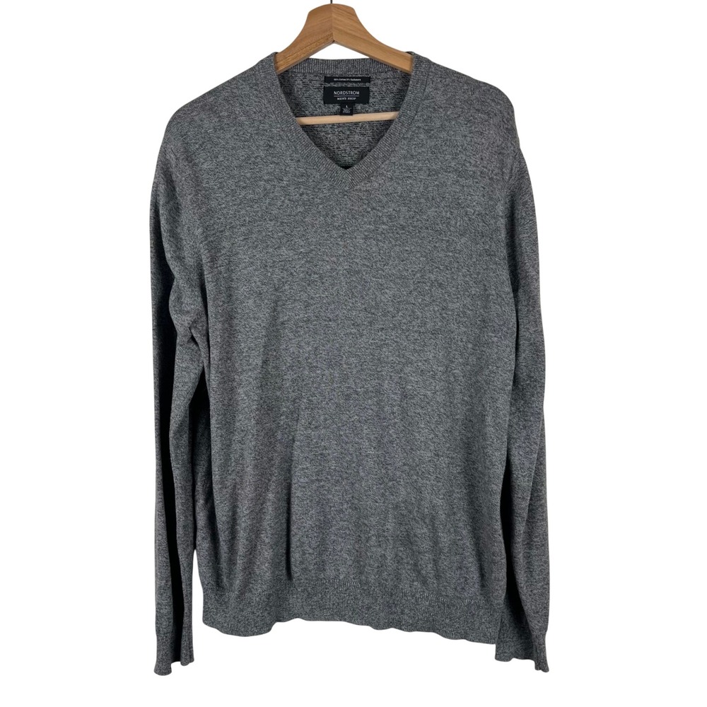 Nordstrom Men's Shop Grey Cotton Cashmere V-Neck Sweater Large Quiet Luxury